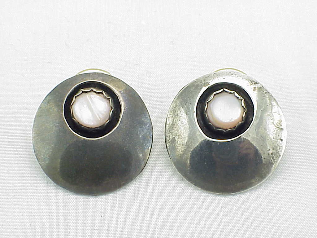 Native American Sterling Silver And Mother Of Pearl Pierced Earrings