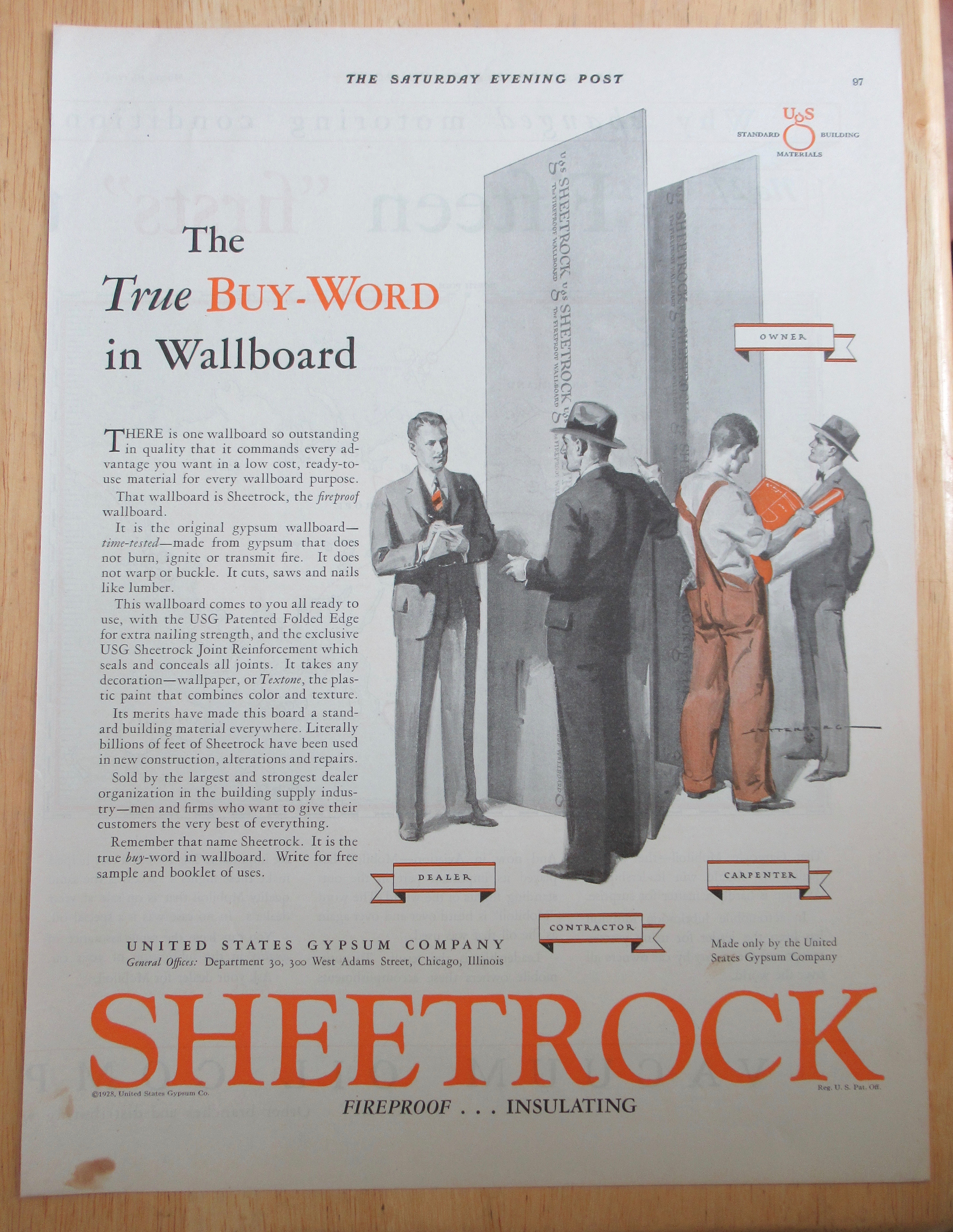 1928 Sheetrock with Men Looking at the Drywall