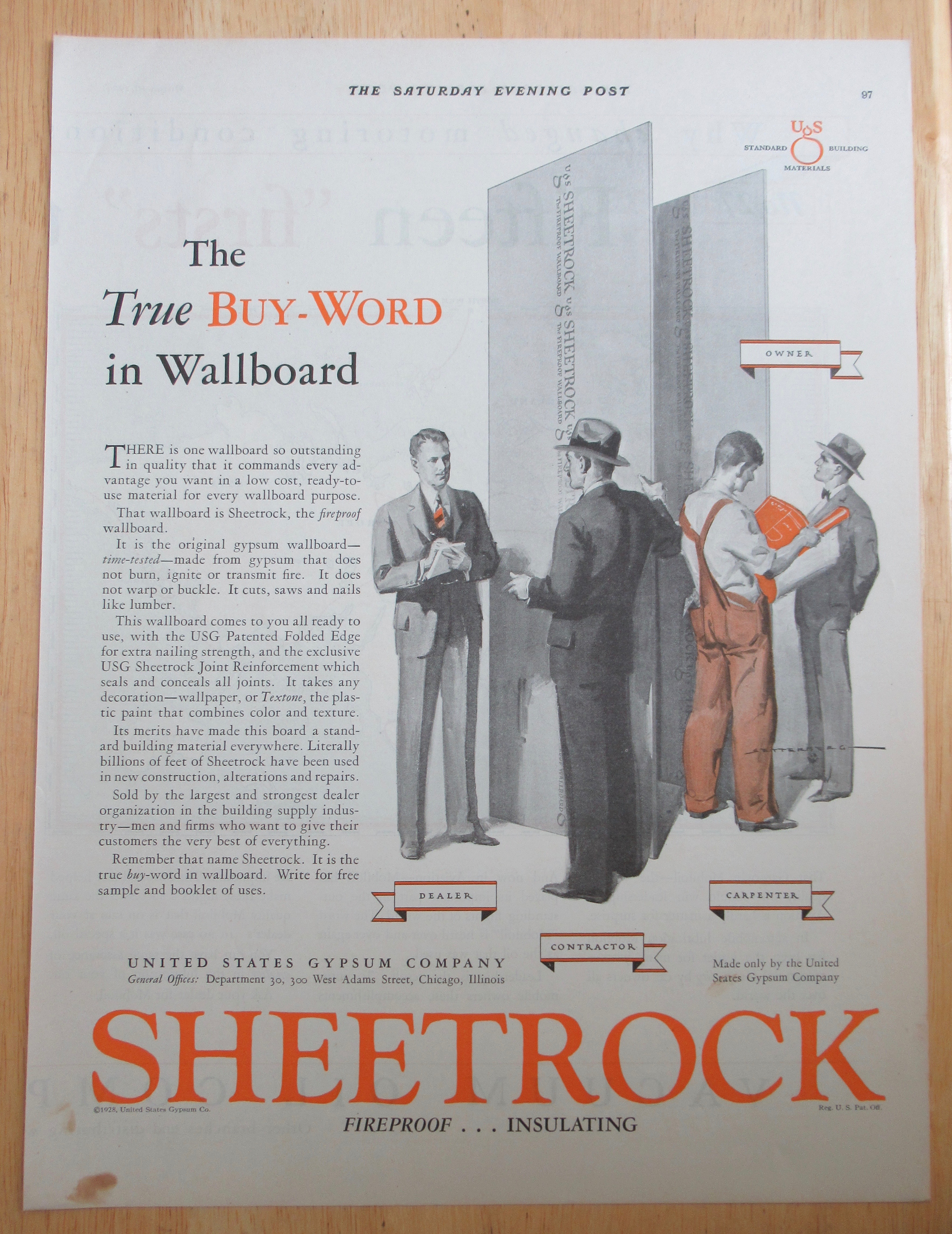 1928 Sheetrock with Men Looking at the Drywall