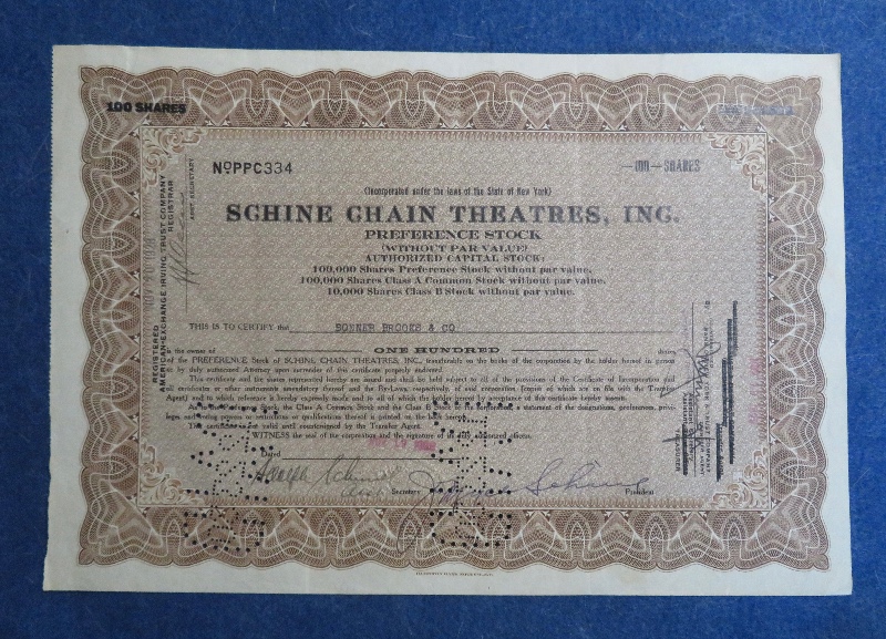 1928 Schine Chain Theatres, Inc Stock Certificate
