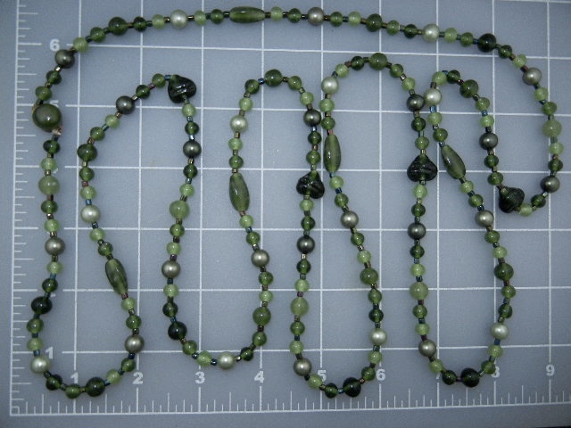 Necklace, costume green glass beads faux pearls