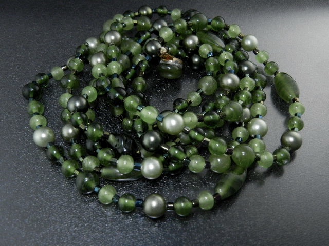 Necklace, costume green glass beads faux pearls
