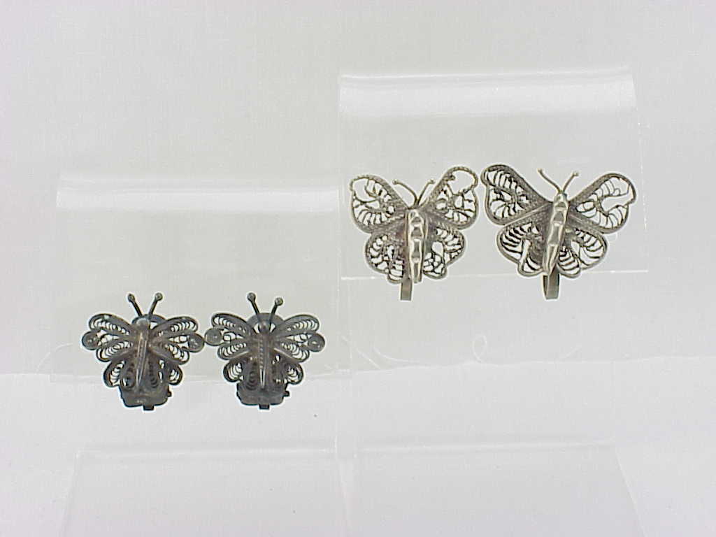 2 Pairs Vintage Sterling Silver Butterfly Earrings - 1 Signed Mexico