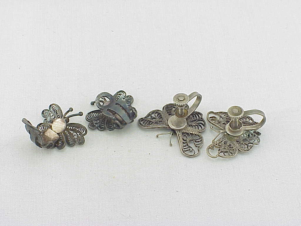 2 Pairs Vintage Sterling Silver Butterfly Earrings - 1 Signed Mexico