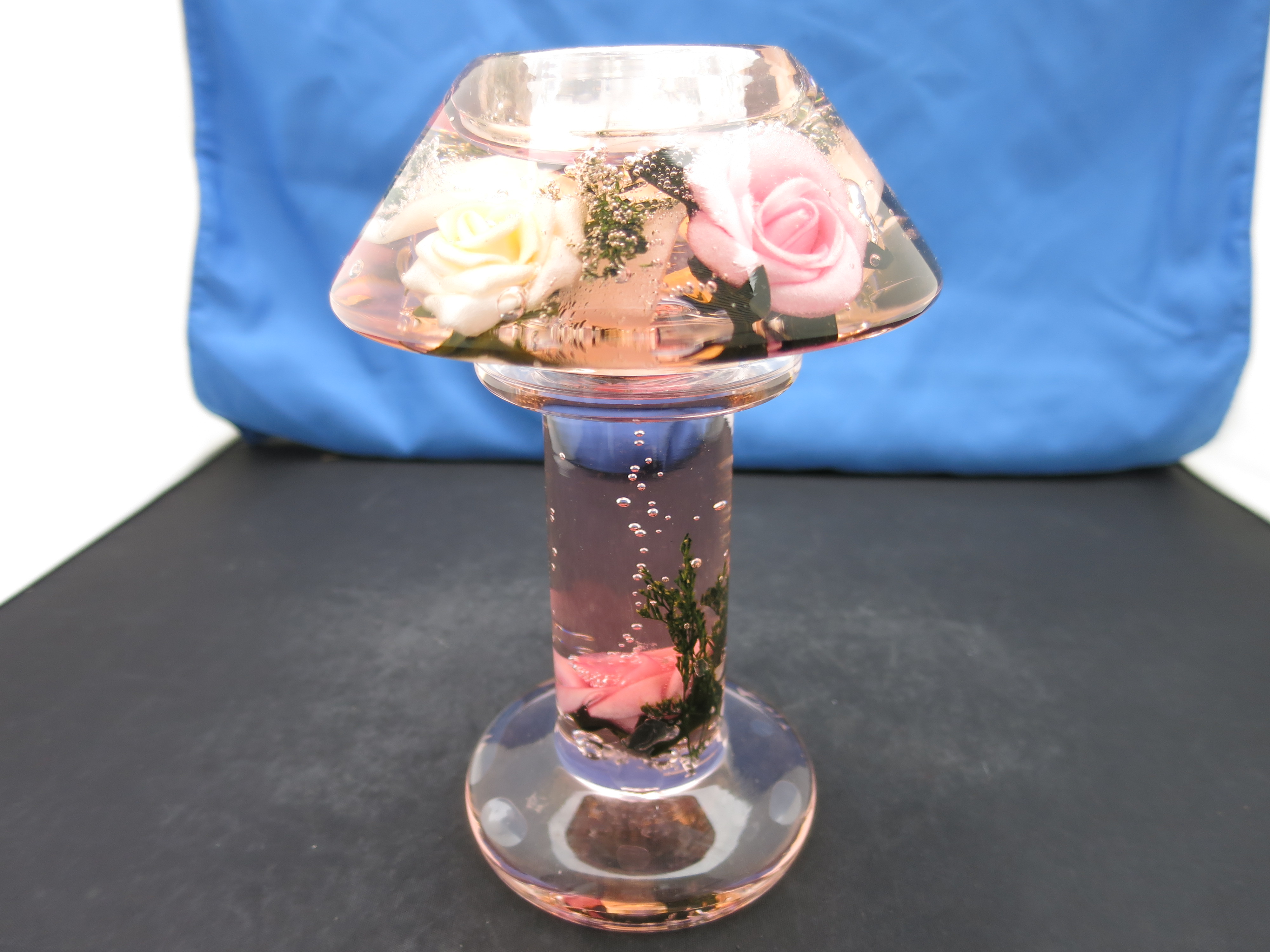 Blown Glass Candle Lamp with pink and yellow Roses