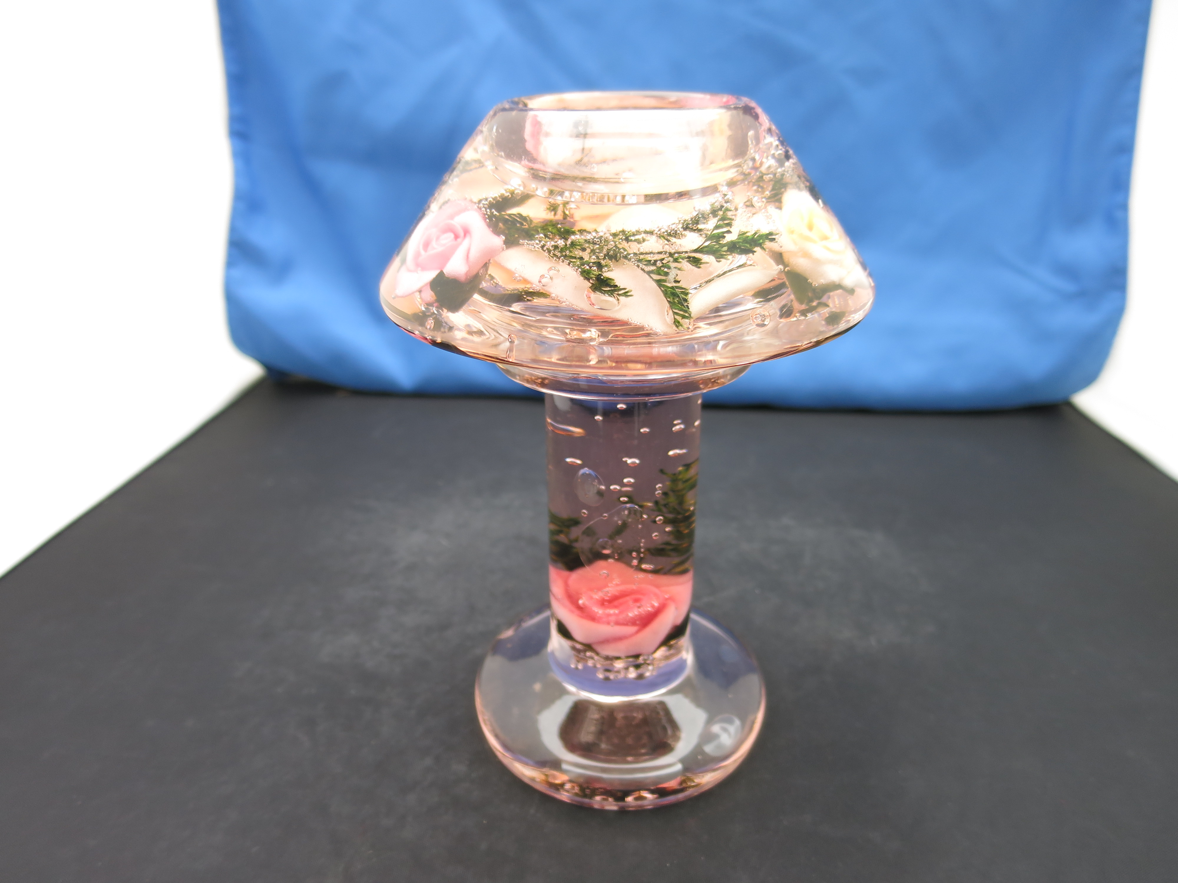 Blown Glass Candle Lamp with pink and yellow Roses