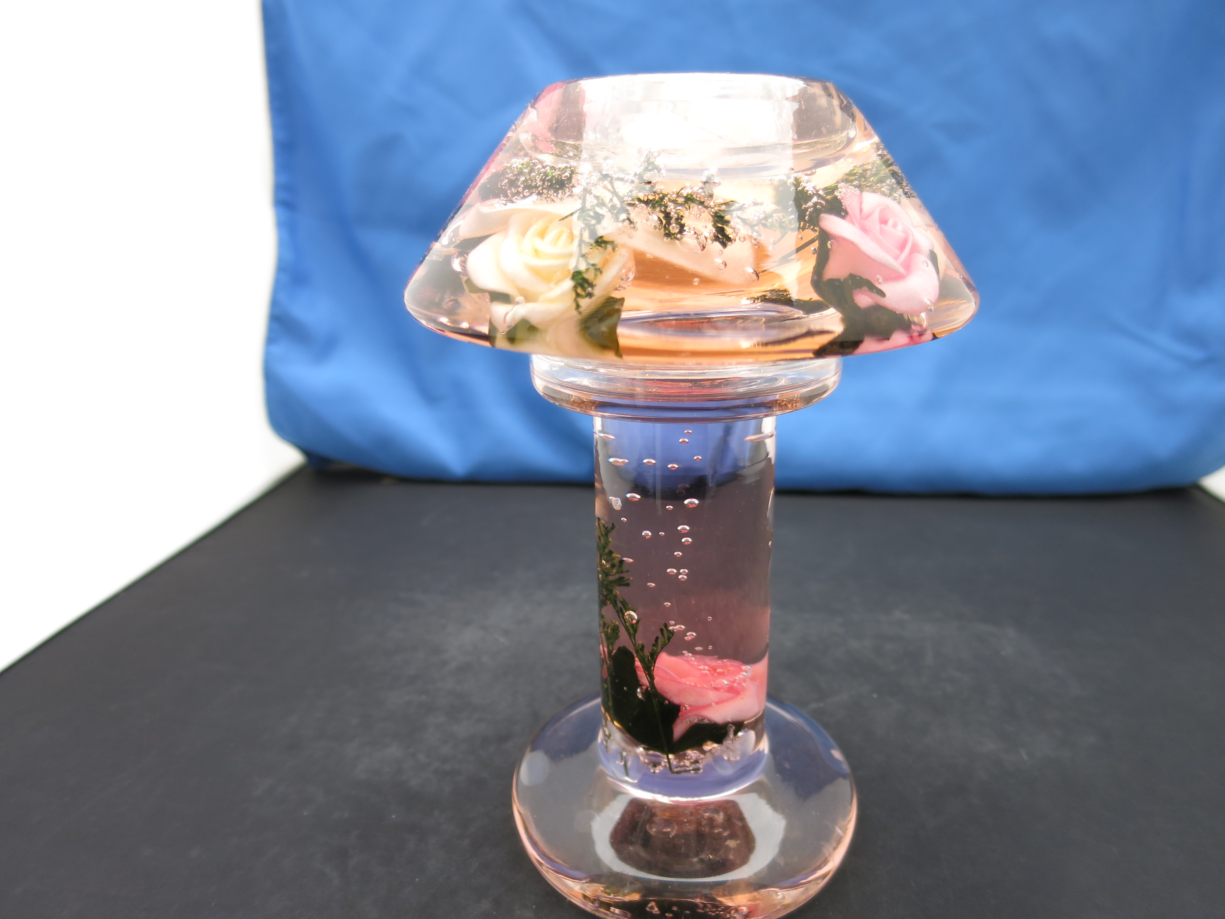 Blown Glass Candle Lamp with pink and yellow Roses
