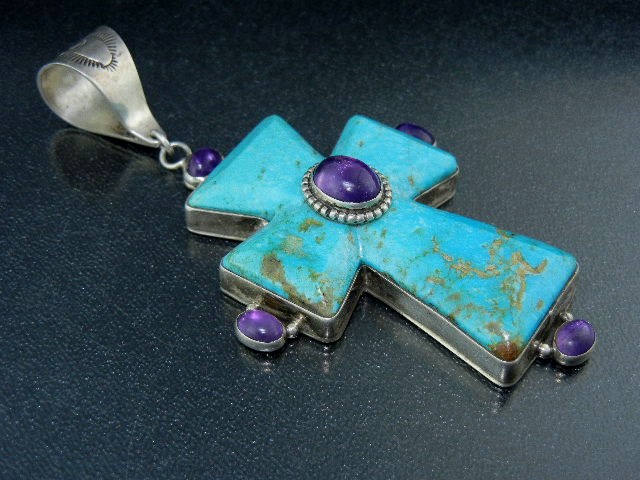 David Troutman Kingman Turquoise Amethyst Cross Pendant