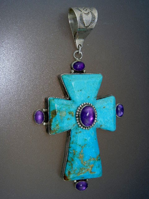 David Troutman Kingman Turquoise Amethyst Cross Pendant
