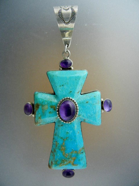 David Troutman Kingman Turquoise Amethyst Cross Pendant
