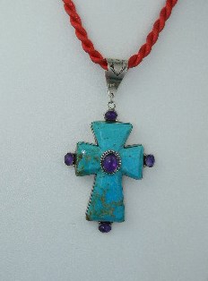 David Troutman Kingman Turquoise Amethyst Cross Pendant