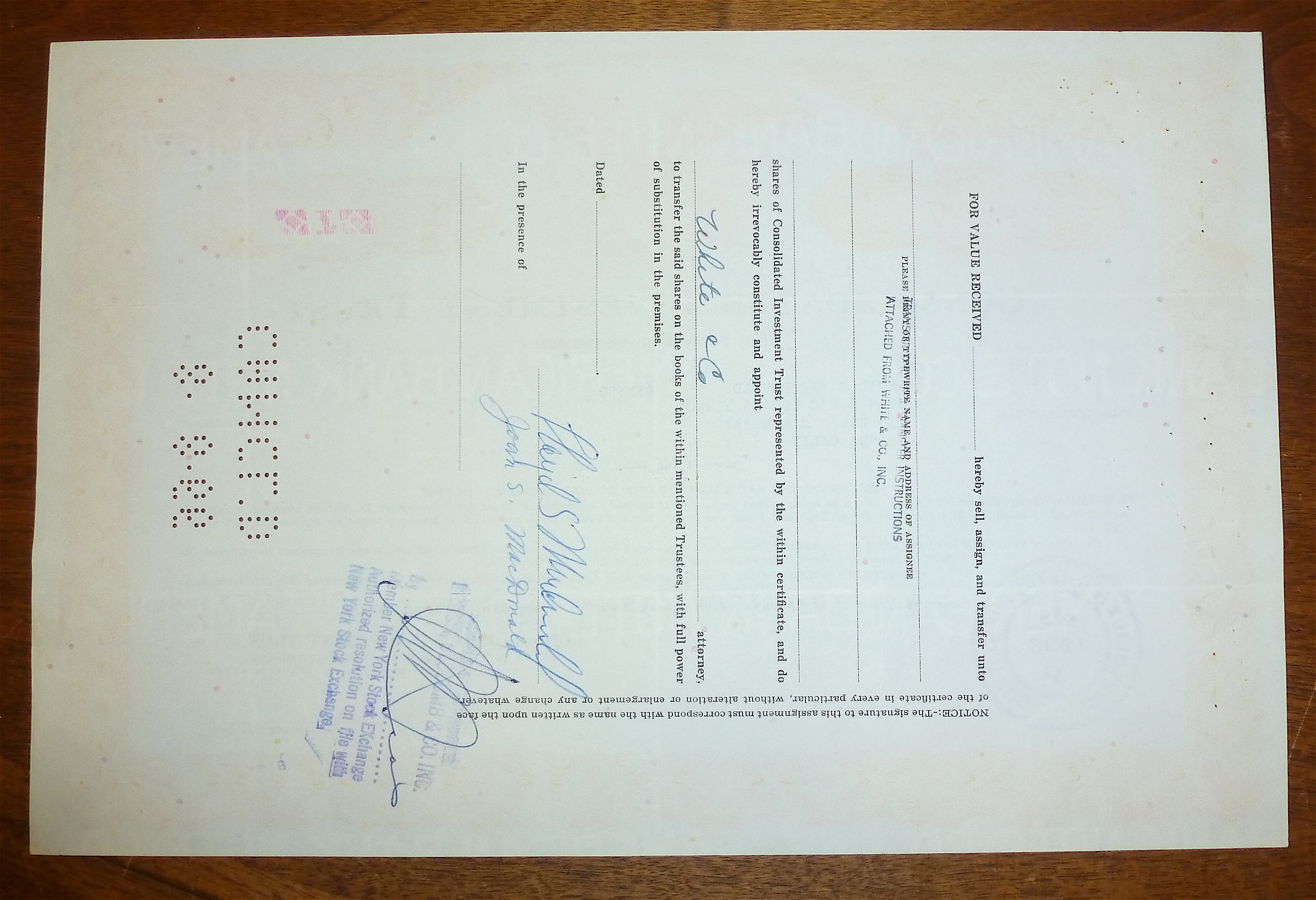 1963 Consolidated Investment Trust Stock Certificate