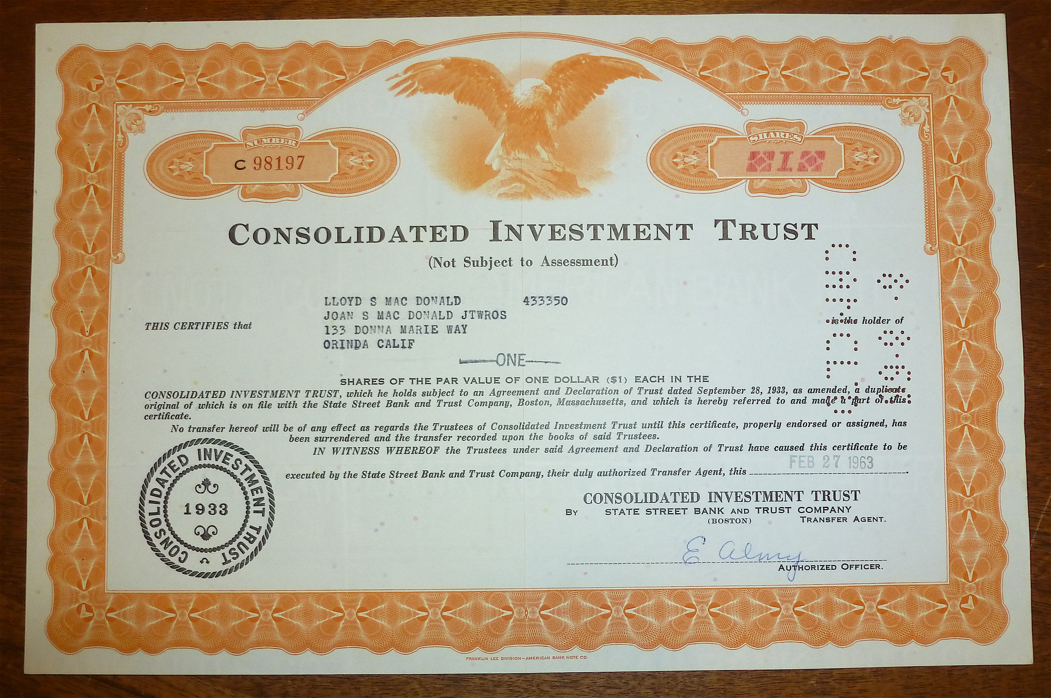 1963 Consolidated Investment Trust Stock Certificate