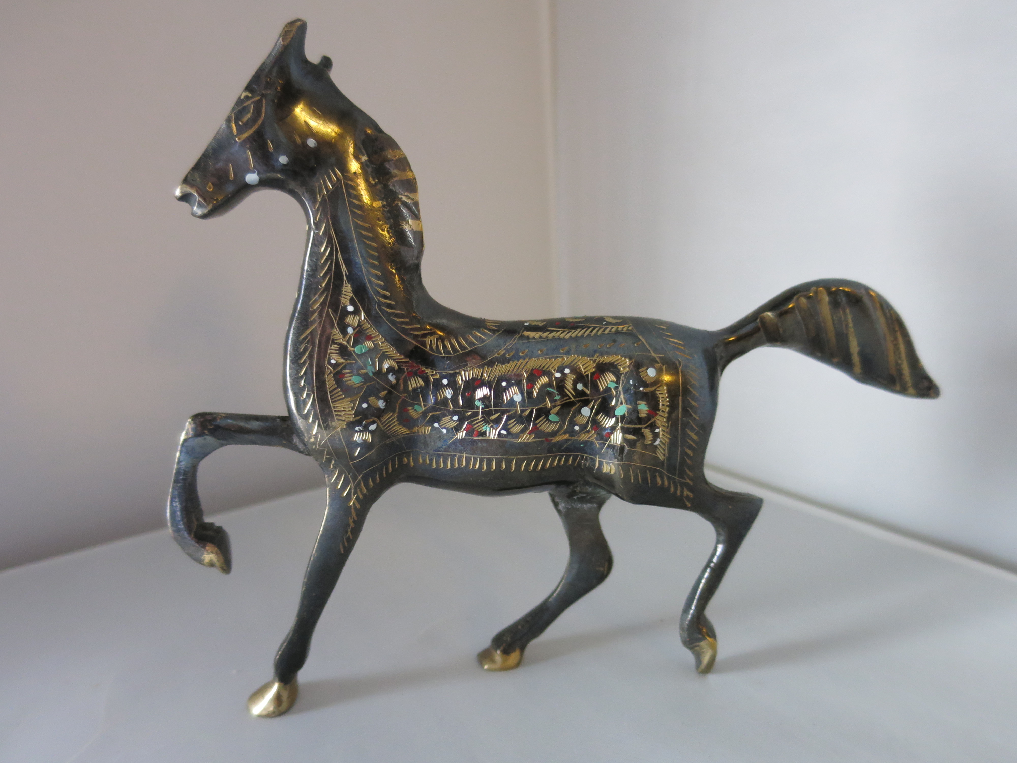 Brass horse etched hand painted figurine