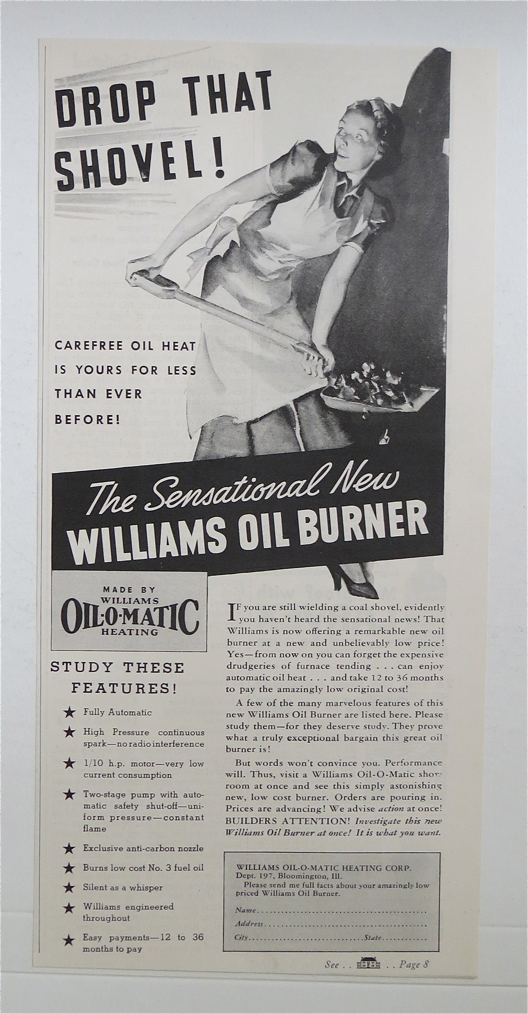 1937 Williams Oil-O-Matic Heating w/ Woman Stoking Fire