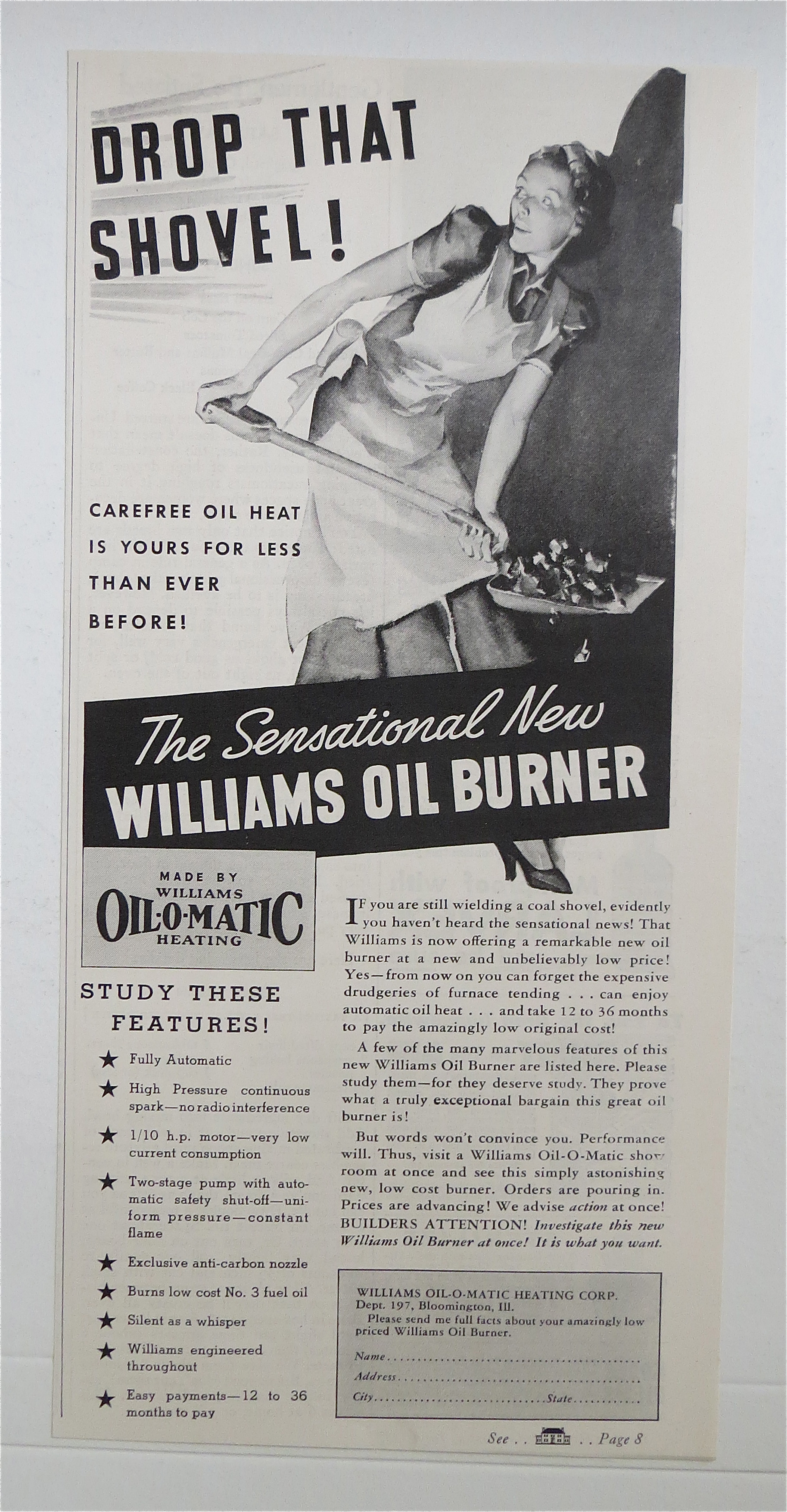 1937 Williams Oil-O-Matic Heating w/ Woman Stoking Fire
