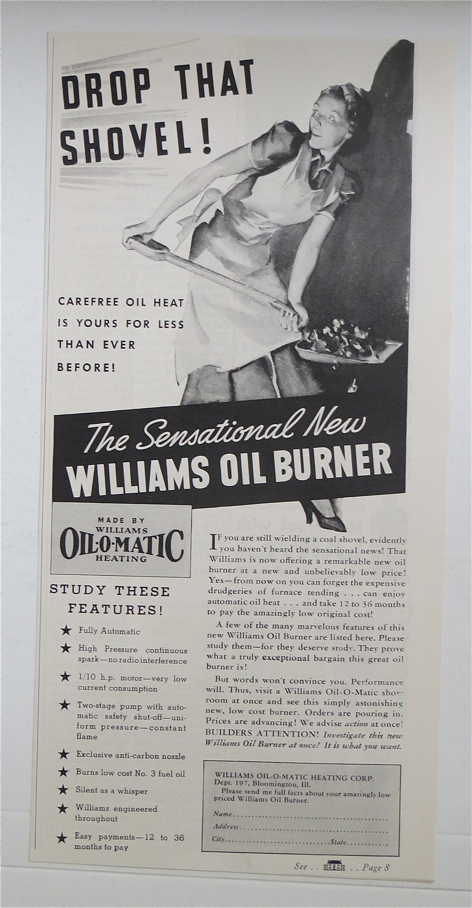 1937 Williams Oil-O-Matic Heating w/ Woman Stoking Fire