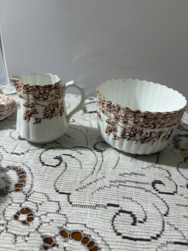 Victorian Brown Transferware Teaset 20pc teapot and lid creamer master sugar bowl 8 cups and 8 saucers Chrysanthemums (mums)