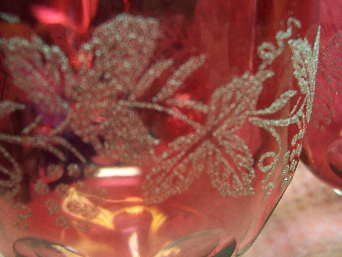 Cranberry Glass Thumbprint Goblets Grapevine