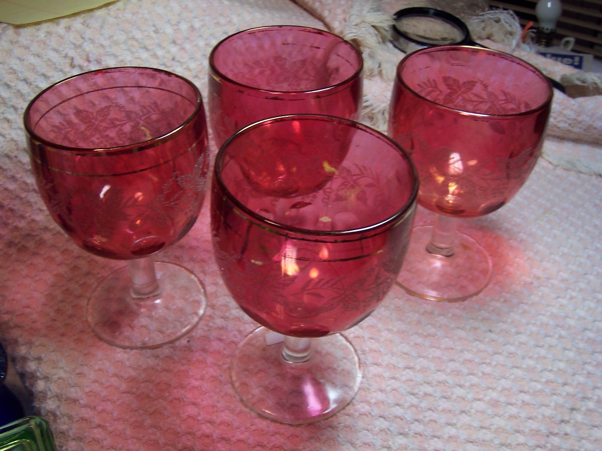 Cranberry Glass Thumbprint Goblets Grapevine