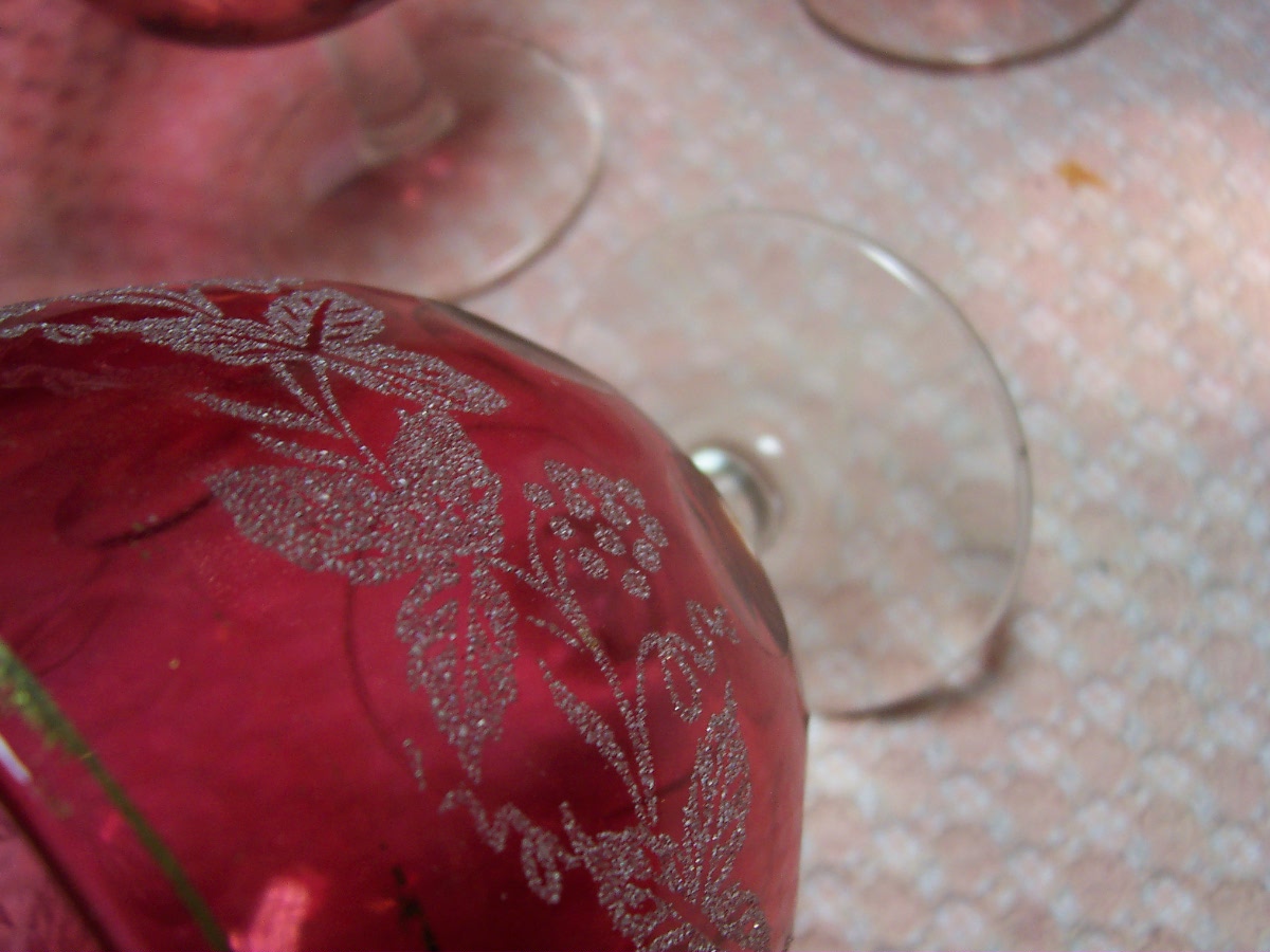 Cranberry Glass Thumbprint Goblets Grapevine