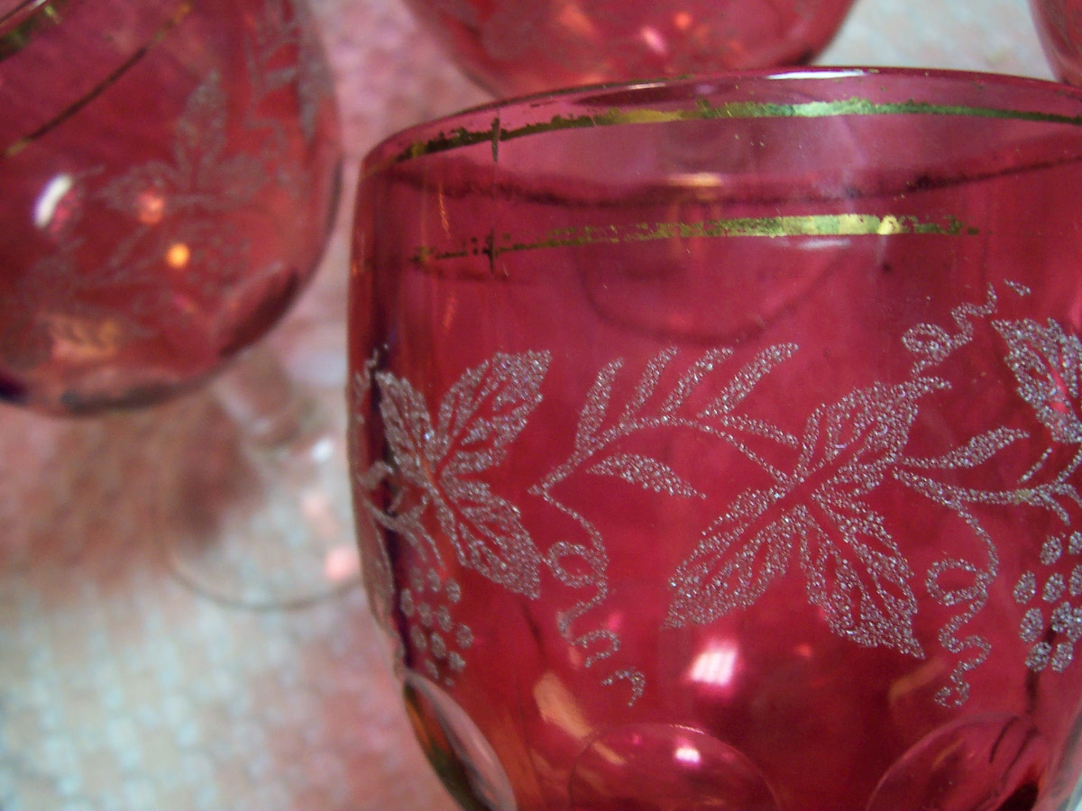 Cranberry Glass Thumbprint Goblets Grapevine