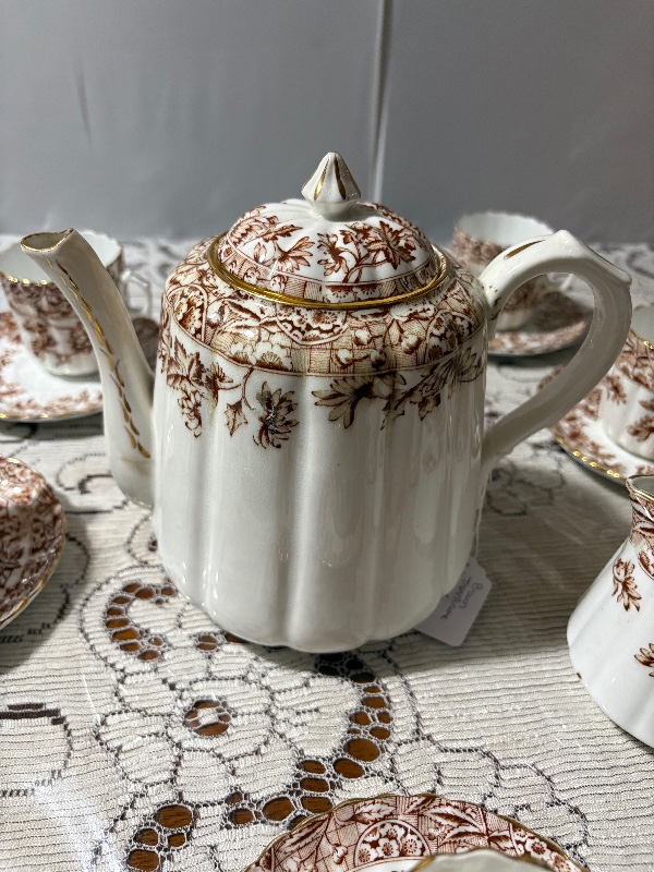 Victorian Brown Transferware Teaset 20pc teapot and lid creamer master sugar bowl 8 cups and 8 saucers Chrysanthemums (mums)