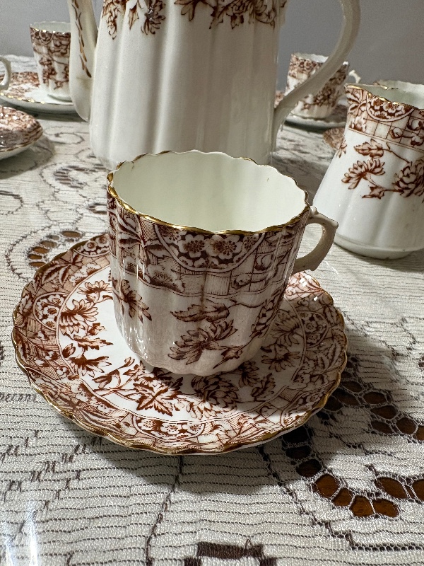 Victorian Brown Transferware Teaset 20pc teapot and lid creamer master sugar bowl 8 cups and 8 saucers Chrysanthemums (mums)