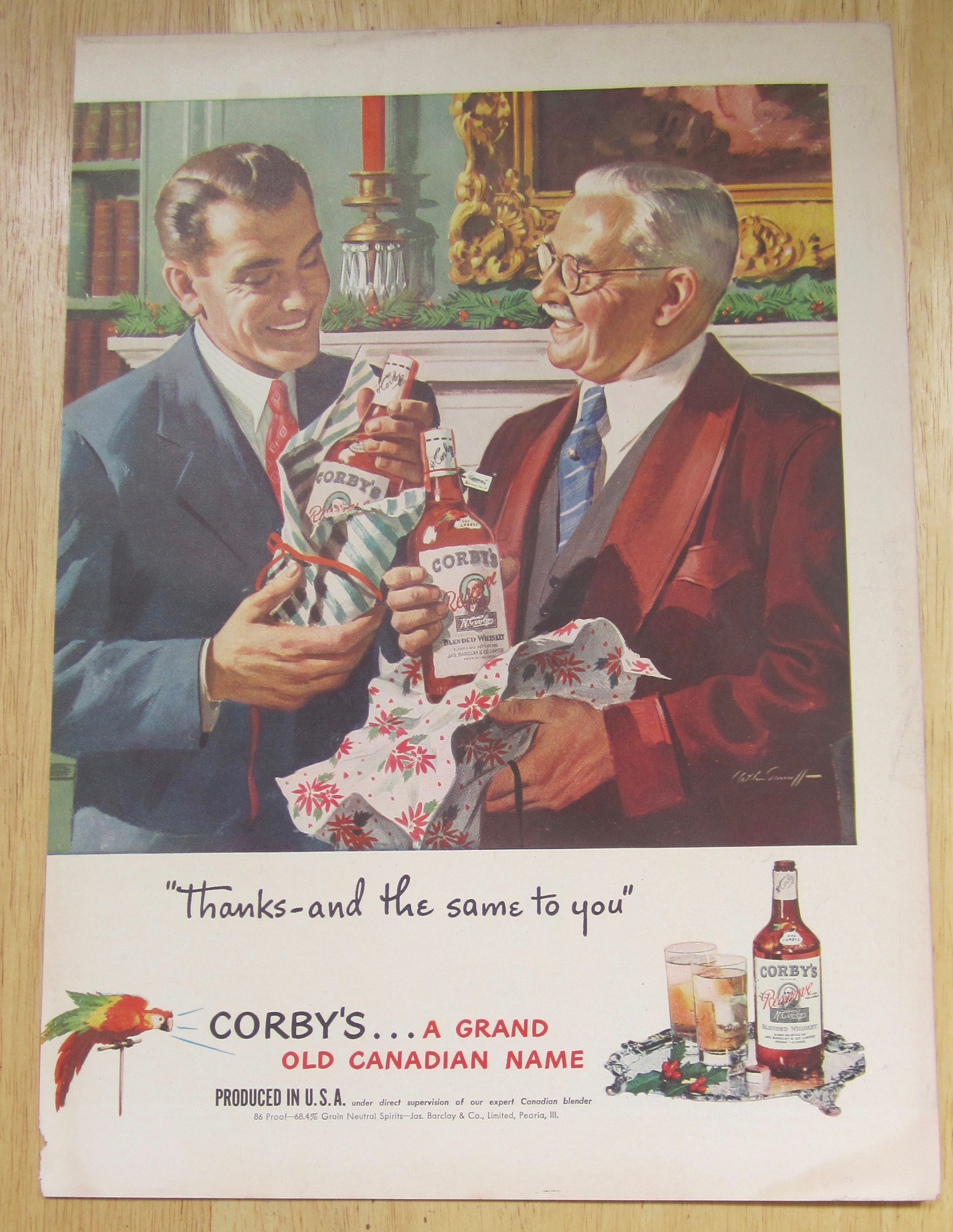 1947 Corby Whiskey w/Men Opening Gifts From Each Other