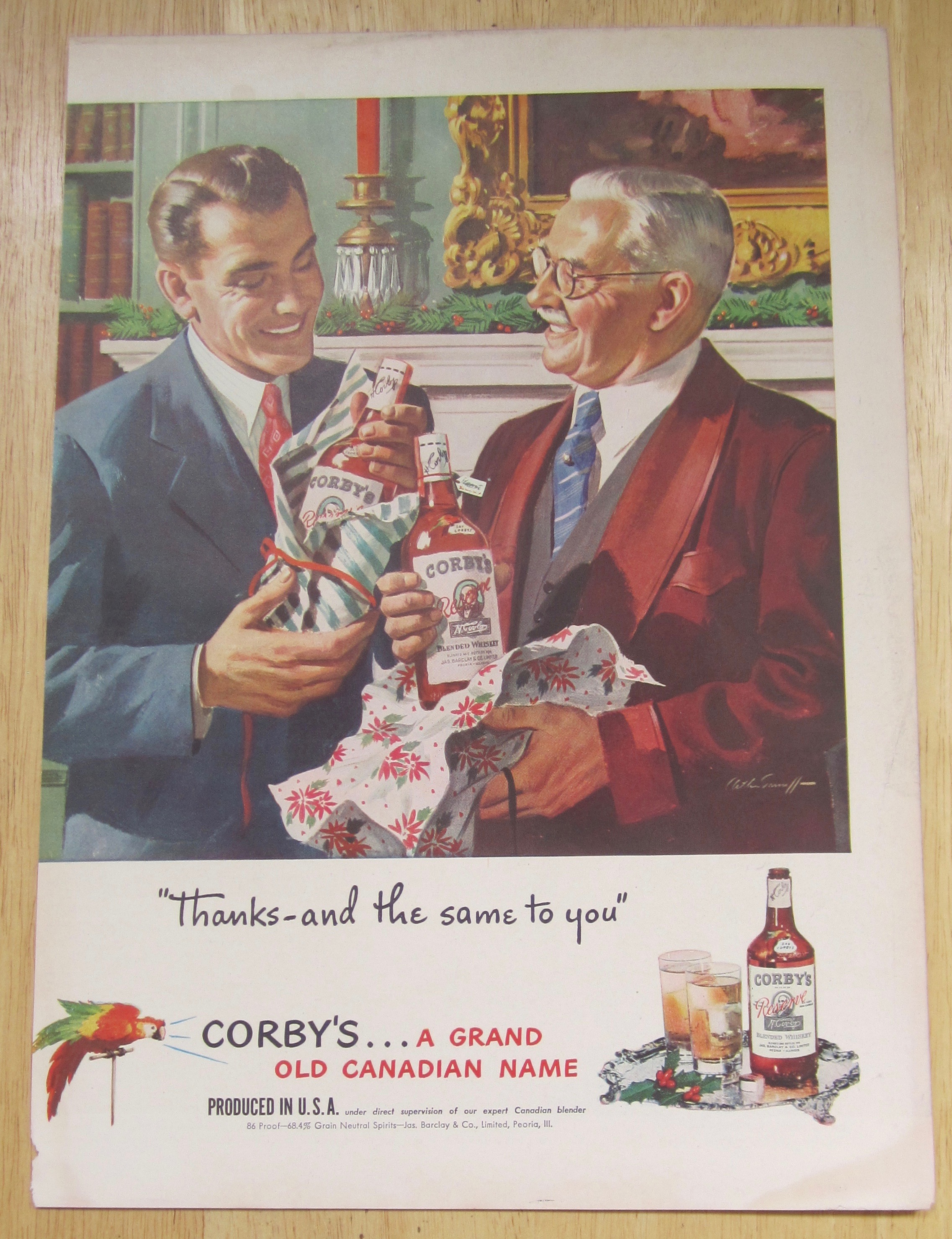 1947 Corby Whiskey w/Men Opening Gifts From Each Other
