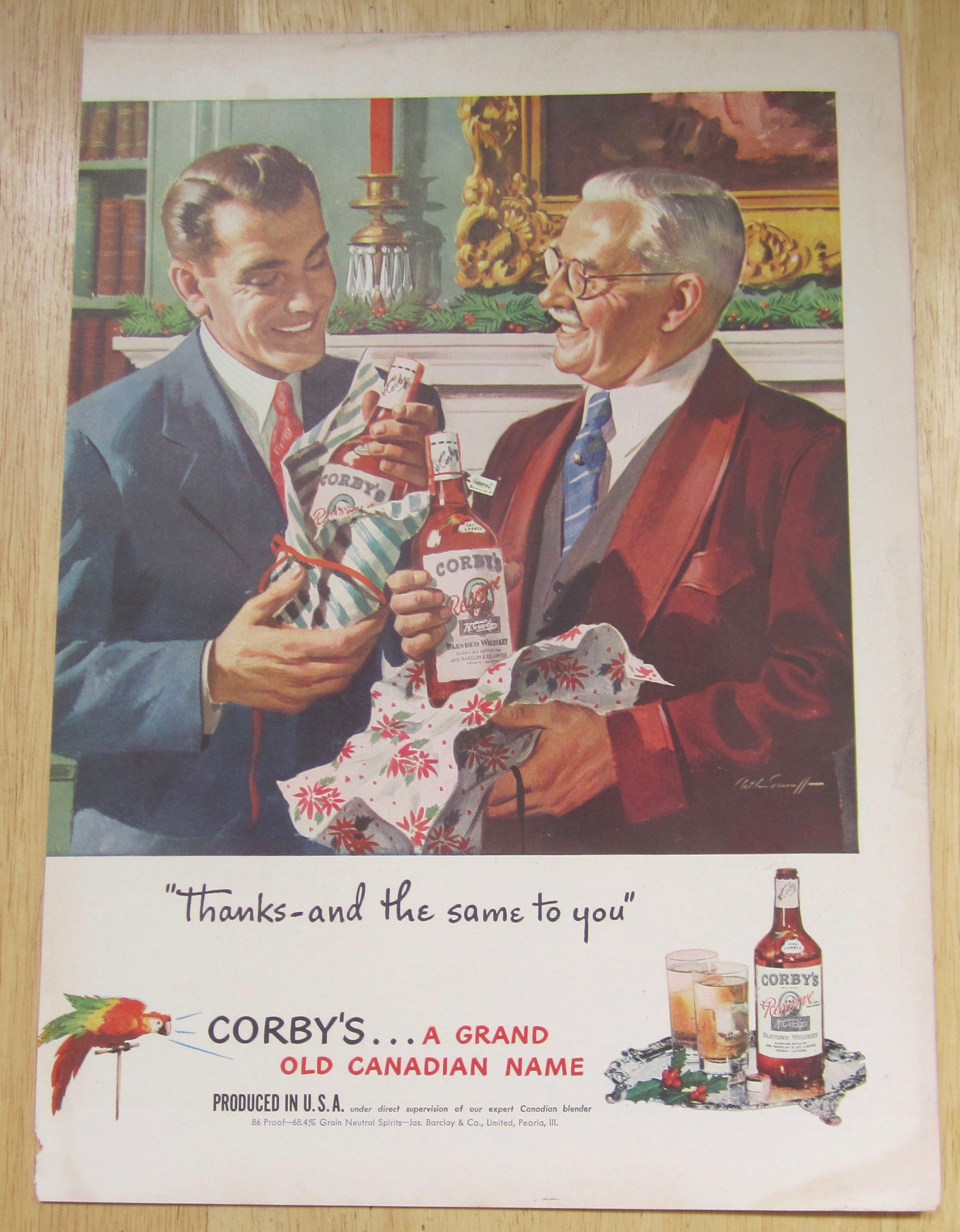 1947 Corby Whiskey w/Men Opening Gifts From Each Other