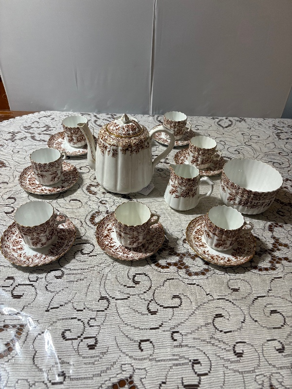Victorian Brown Transferware Teaset 20pc teapot and lid creamer master sugar bowl 8 cups and 8 saucers Chrysanthemums (mums)