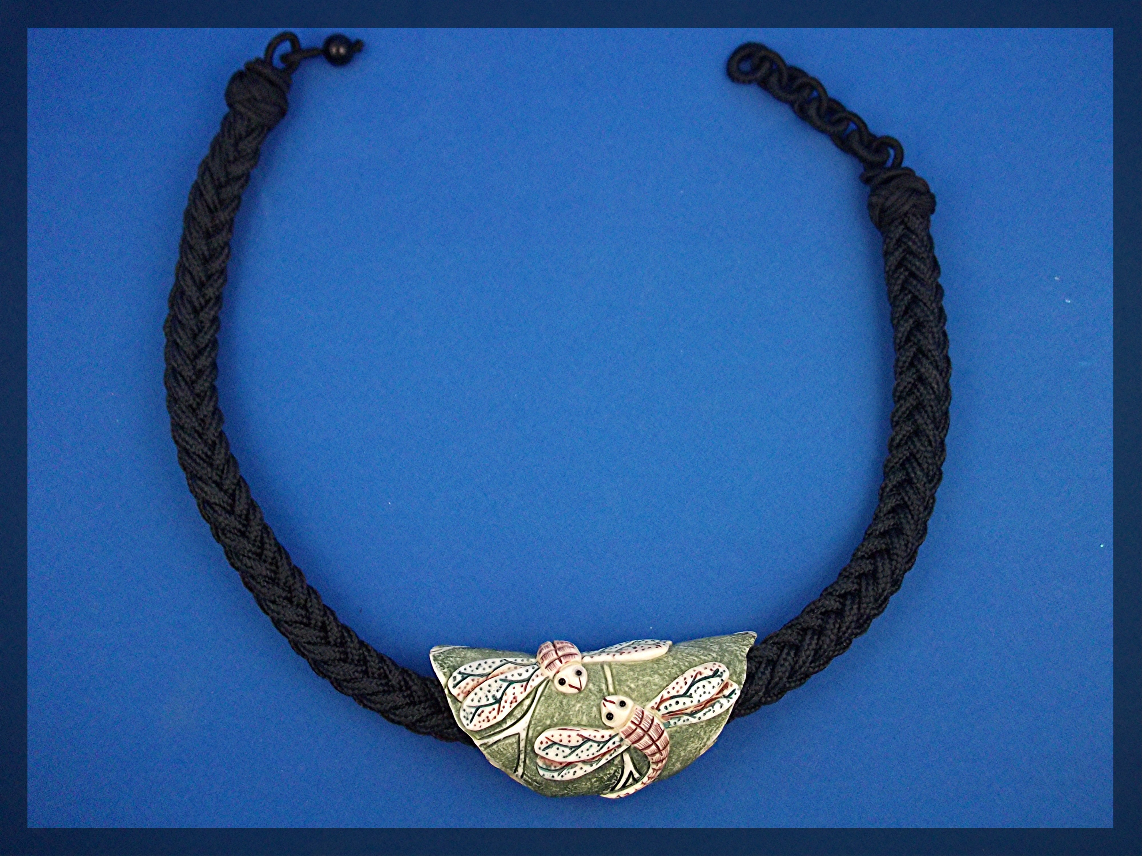 Necklace  Black Cord Dragonfly Bone Hand Made