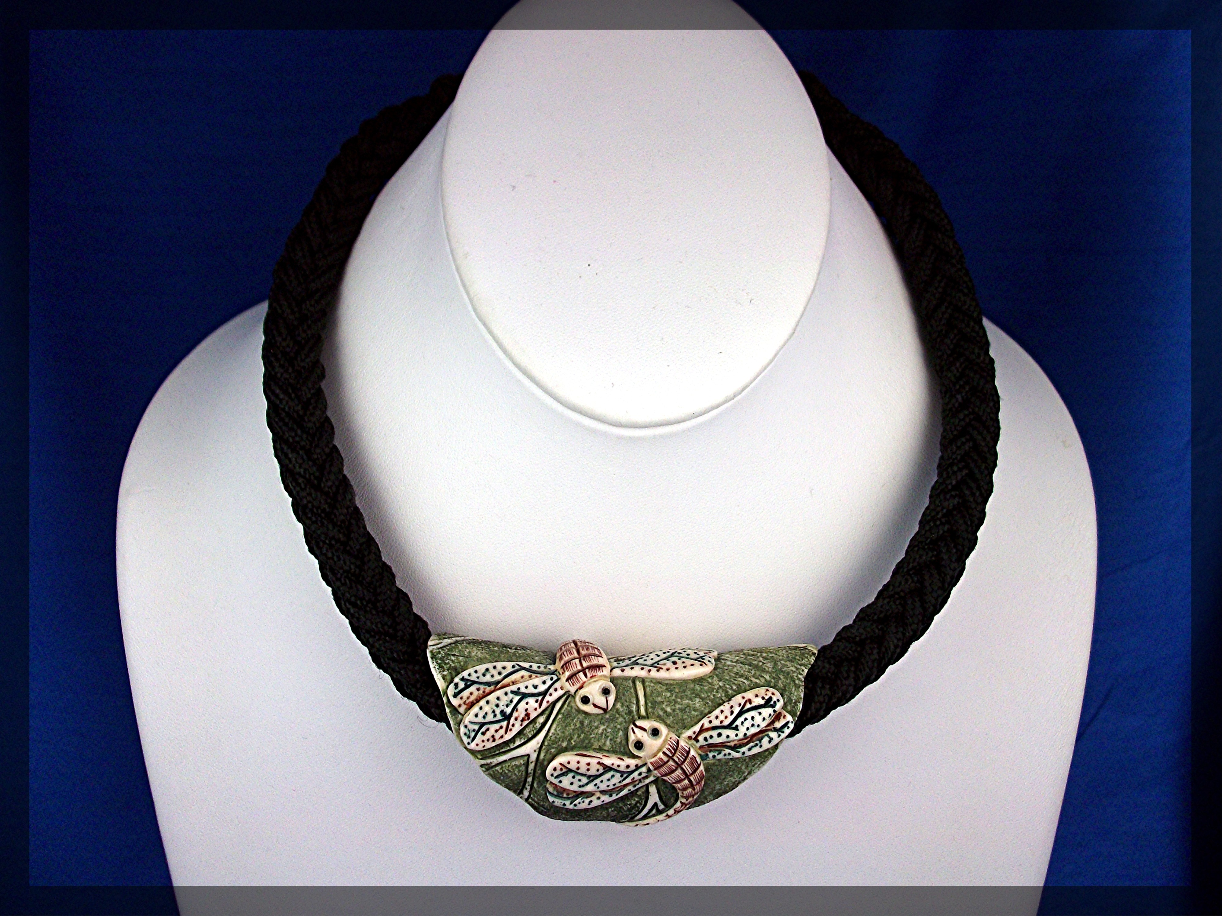 Necklace  Black Cord Dragonfly Bone Hand Made