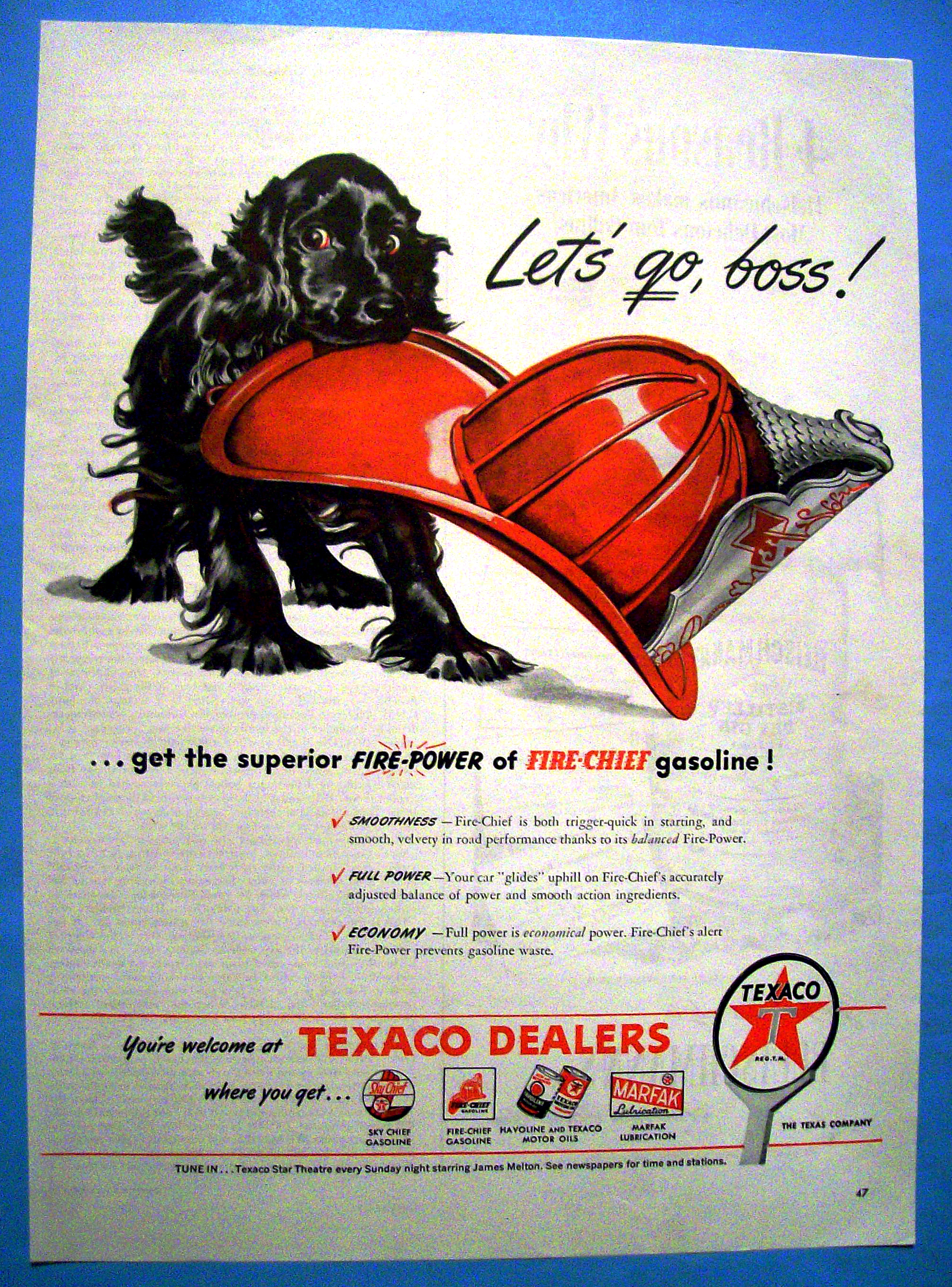 1946 Texaco Fire Chief Gasoline w/ Dog Holding Hat