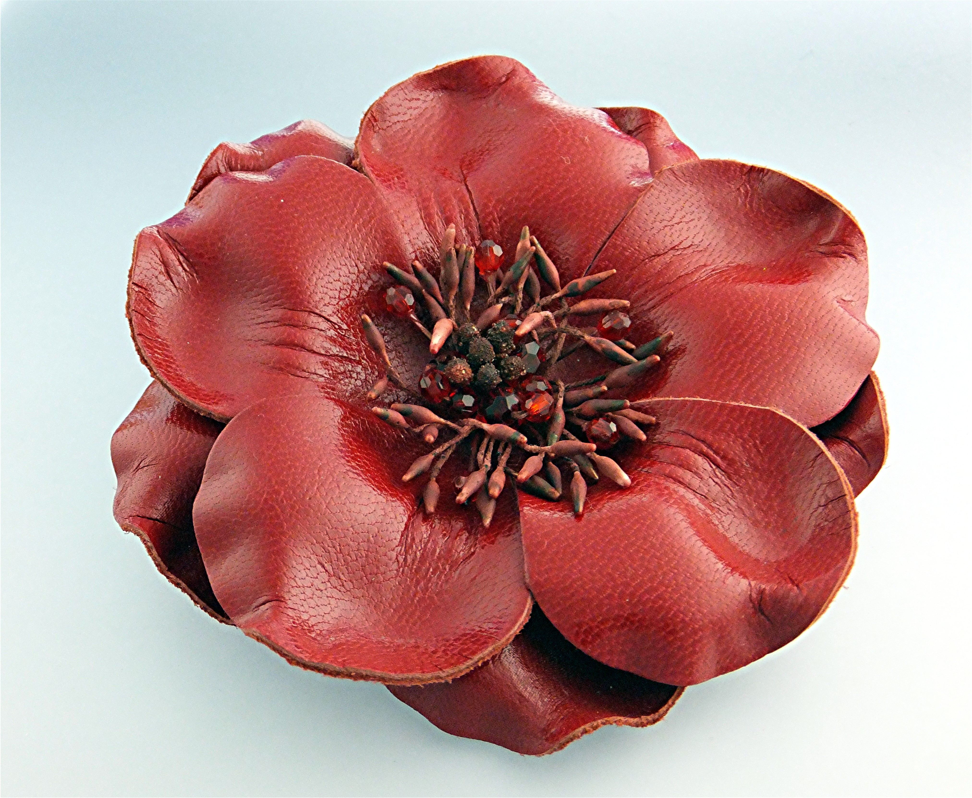 Brooch Pin Red Leather Crystal Center Flower