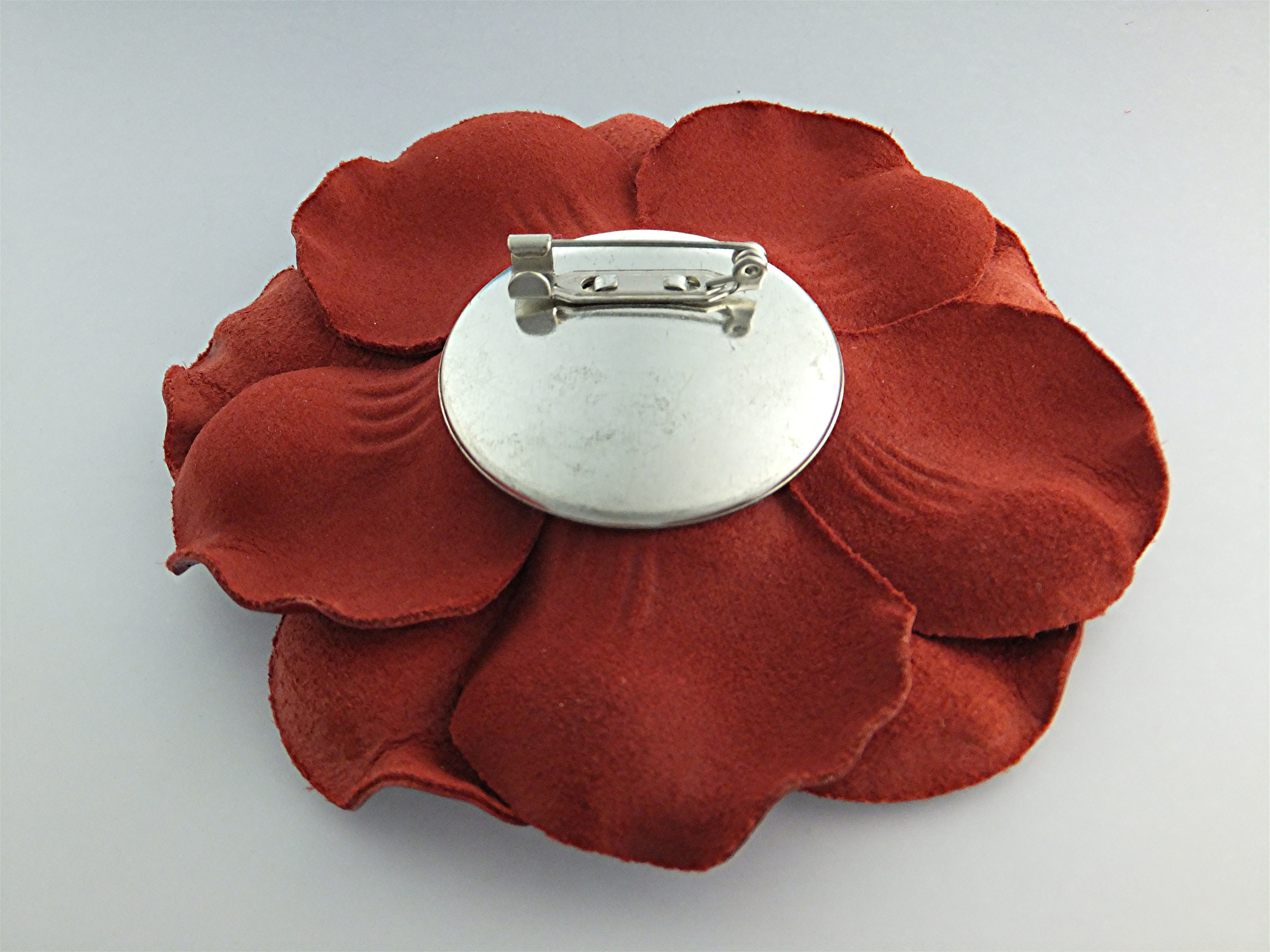 Brooch Pin Red Leather Crystal Center Flower