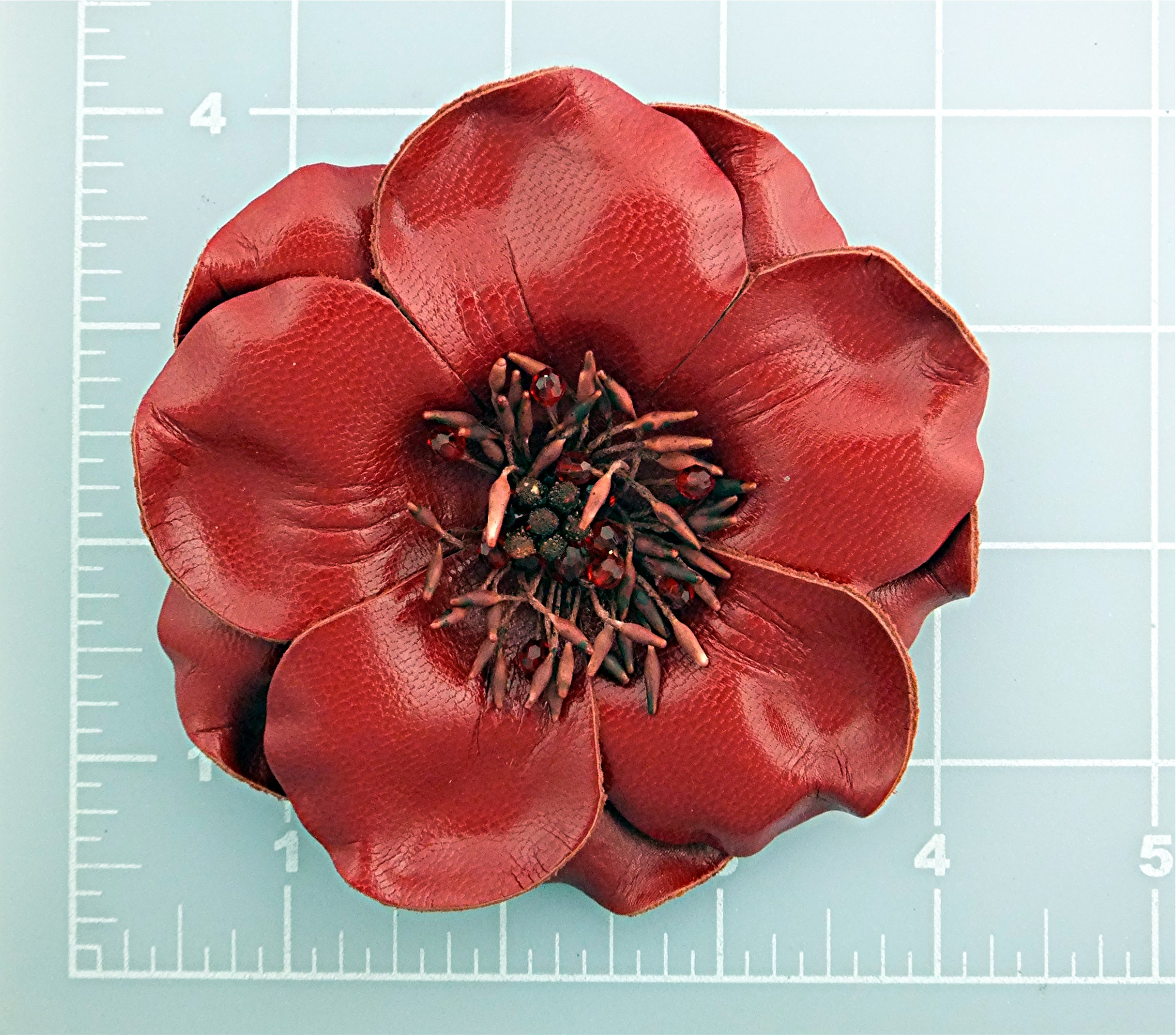 Brooch Pin Red Leather Crystal Center Flower