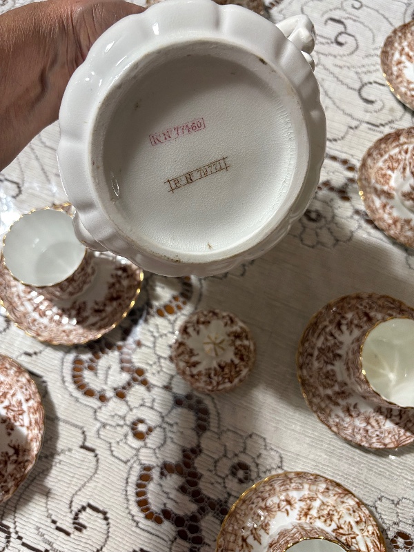 Victorian Brown Transferware Teaset 20pc teapot and lid creamer master sugar bowl 8 cups and 8 saucers Chrysanthemums (mums)