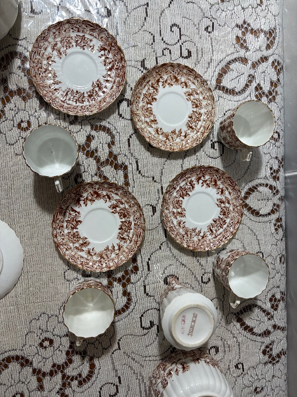 Victorian Brown Transferware Teaset 20pc teapot and lid creamer master sugar bowl 8 cups and 8 saucers Chrysanthemums (mums)