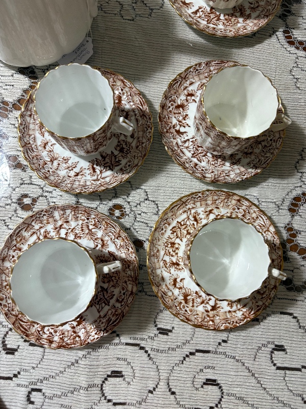 Victorian Brown Transferware Teaset 20pc teapot and lid creamer master sugar bowl 8 cups and 8 saucers Chrysanthemums (mums)