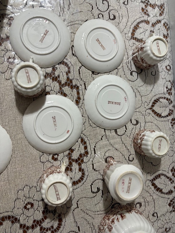 Victorian Brown Transferware Teaset 20pc teapot and lid creamer master sugar bowl 8 cups and 8 saucers Chrysanthemums (mums)