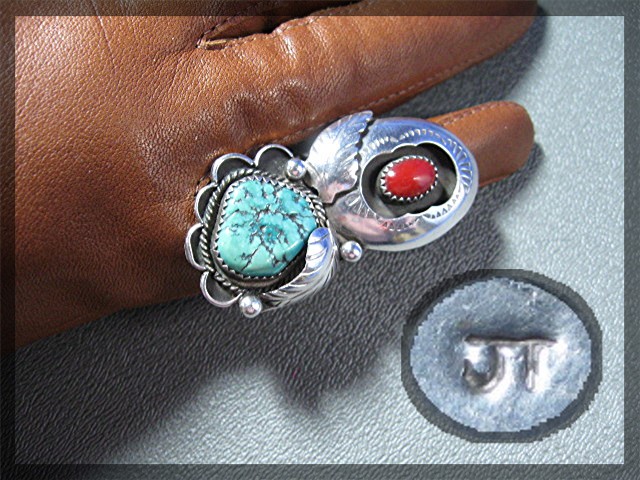 Navajo Coral Turquoise Sterling Silver JT Signed Ring
