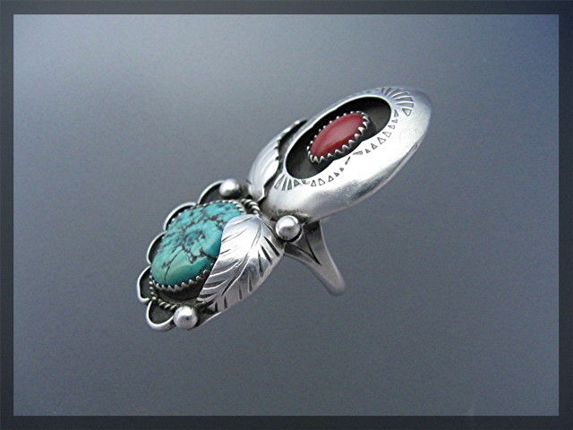 Navajo Coral Turquoise Sterling Silver JT Signed Ring