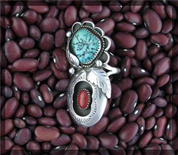 Navajo Coral Turquoise Sterling Silver JT Signed Ring