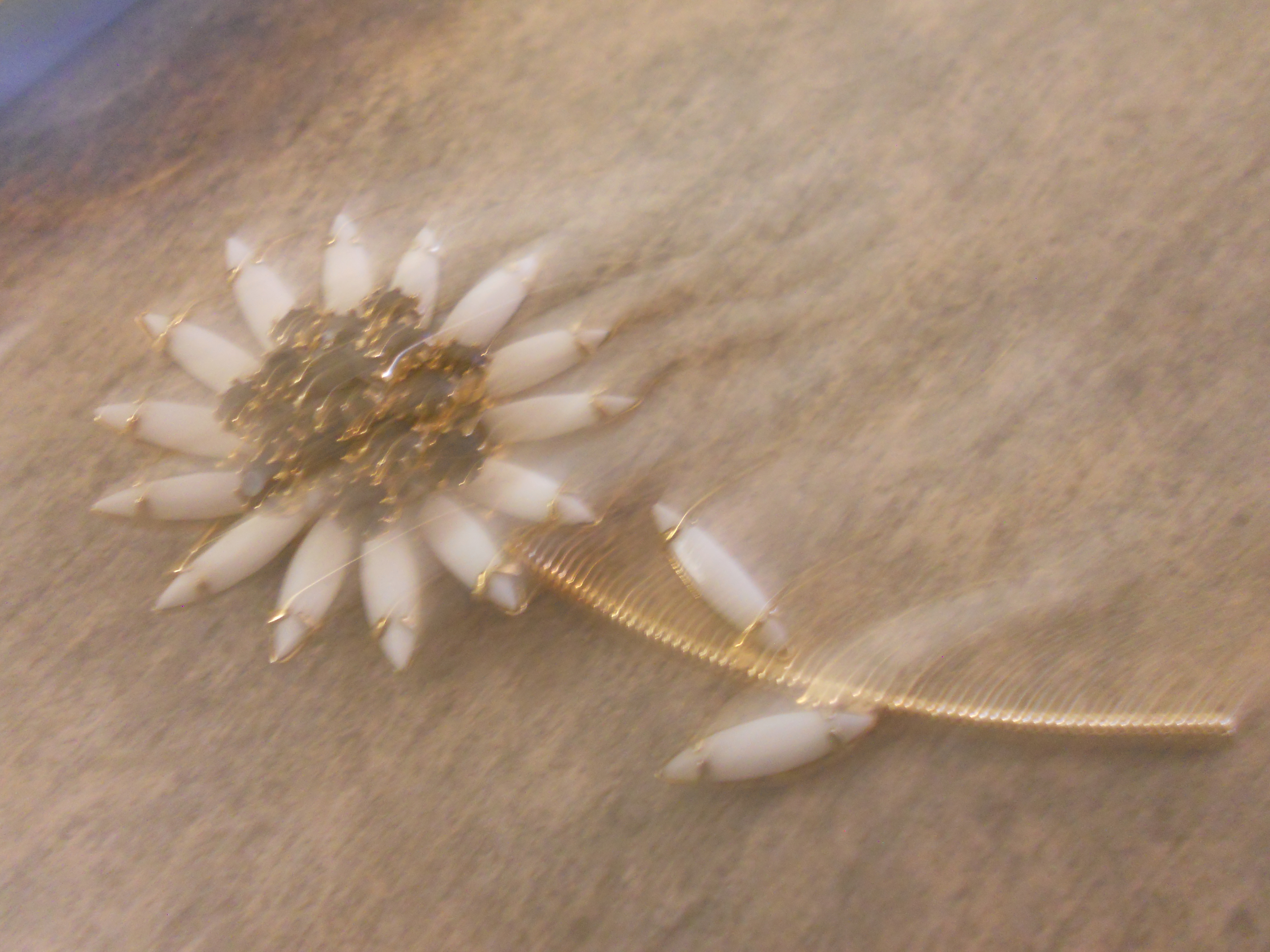 Daisy Flower Pin Red Rhinestones Milk Glass