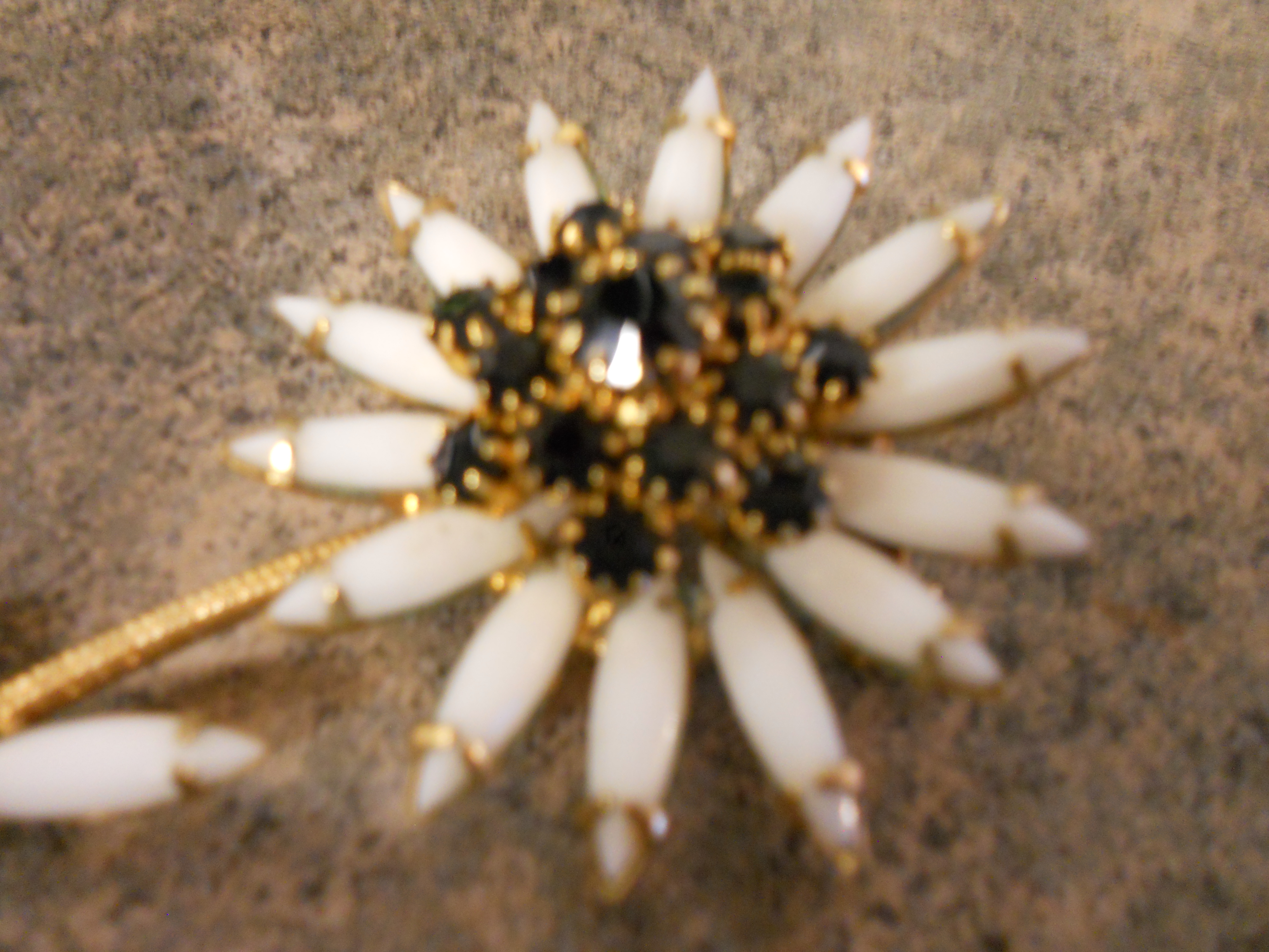 Daisy Flower Pin Red Rhinestones Milk Glass