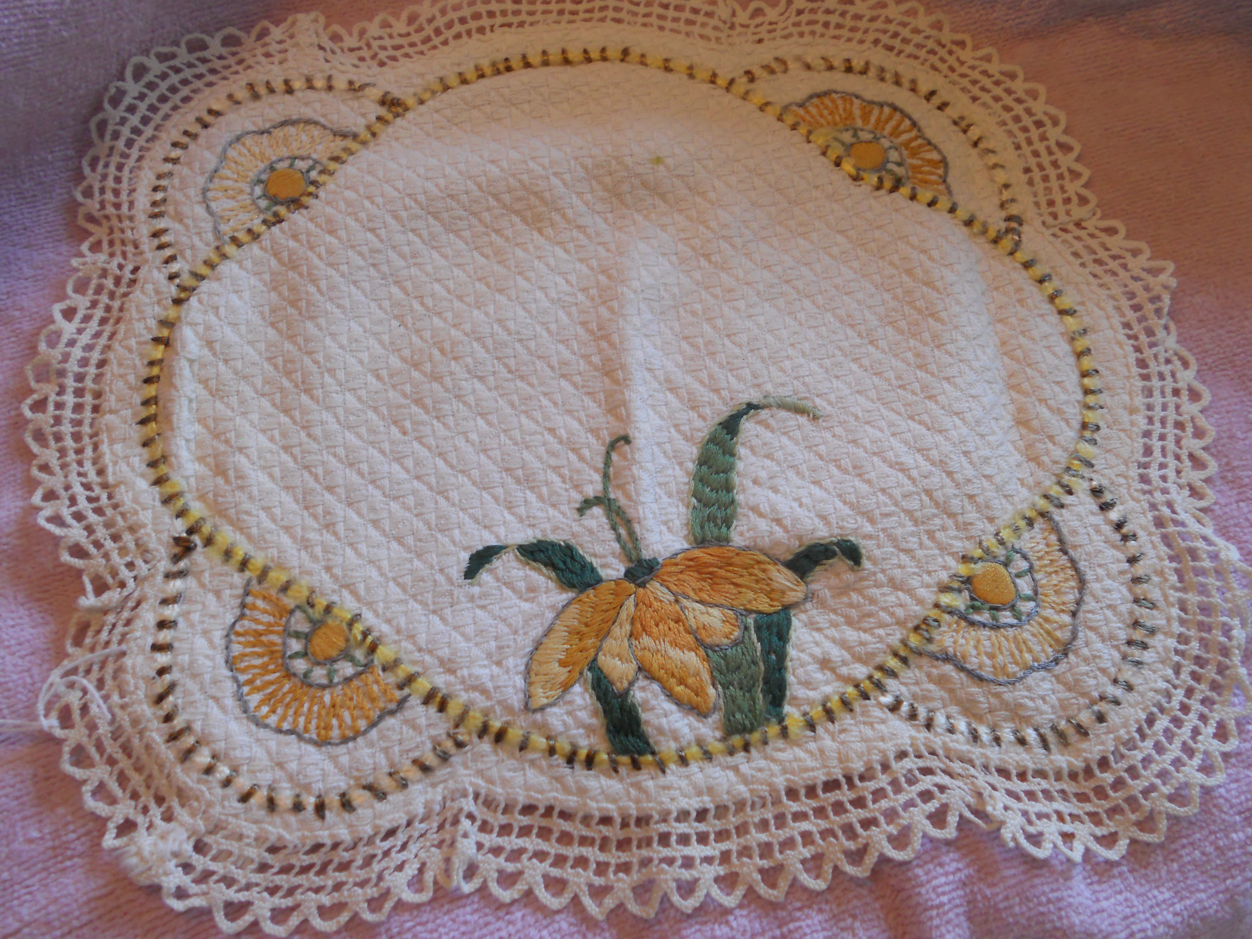 Linen Floral Doily Hand Made Crewl work