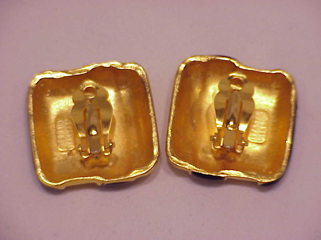 Donald Stannard Gold Tone Black Enamel Clip Earrings