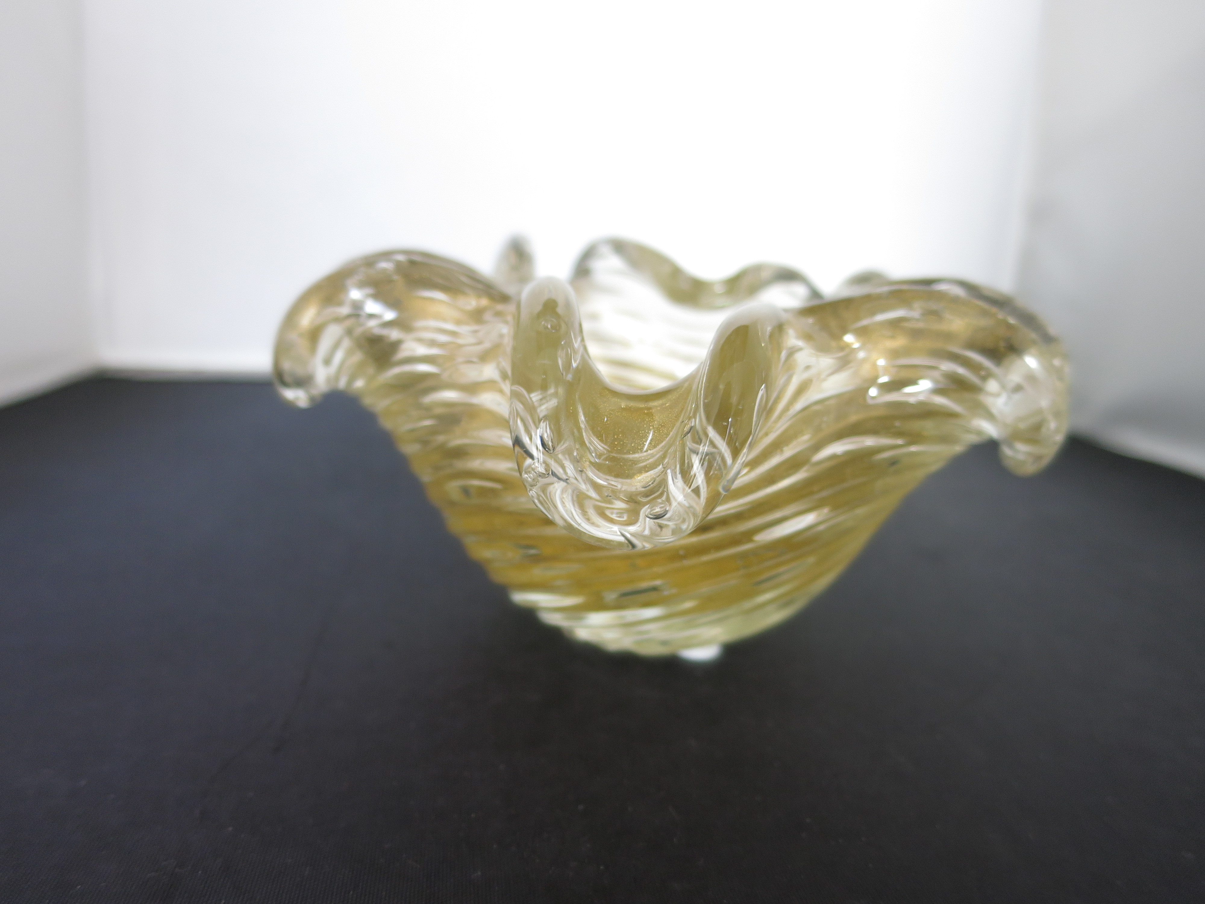 Murano Art Glass Swirl Ribbed Gold Fleck Bowl Yellow Clear